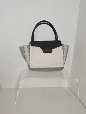 Vince Camuto Black, Cream and Gray Structured Tote with Snake-Print Sides